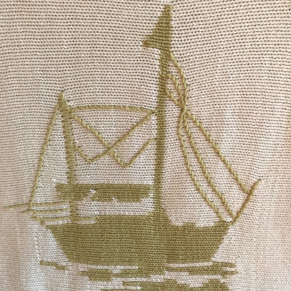 Vintage White & Olive boat sweater Hand Knit women - Picture 4 of 8